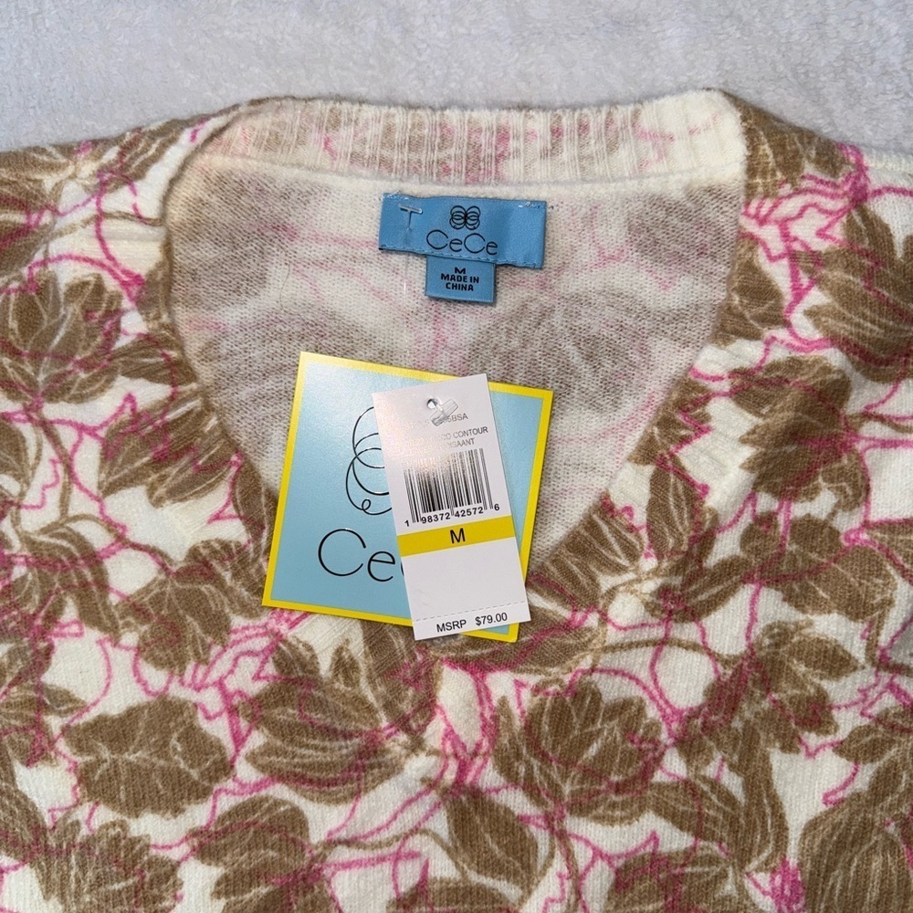 CeCe Women  Medium V-Neck Sweater Soft Knit Beige Pink Leaf Pattern Pullover NWT - Picture 11 of 12